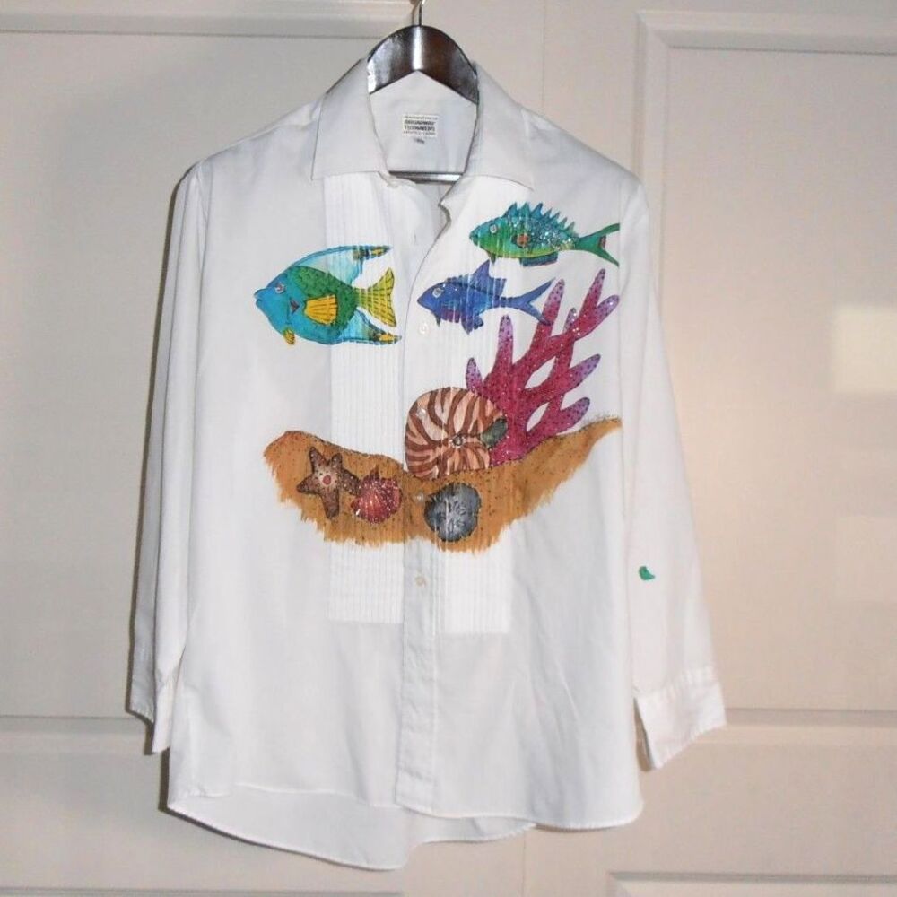 🟢 Hand-Painted Ocean Scene Shirt – Broadway Tuxmakers – Size L – One of a Kind
